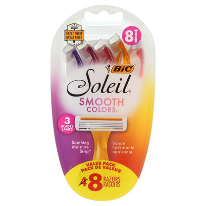 Soleil Smooth Colors Disposable Razors for Women Sensitive Skin, 3 Blades and 8 Razors