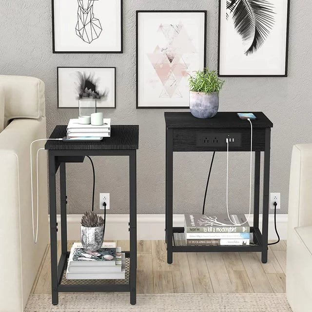 Nightstand End Table with Charging Station Black, Set of 2