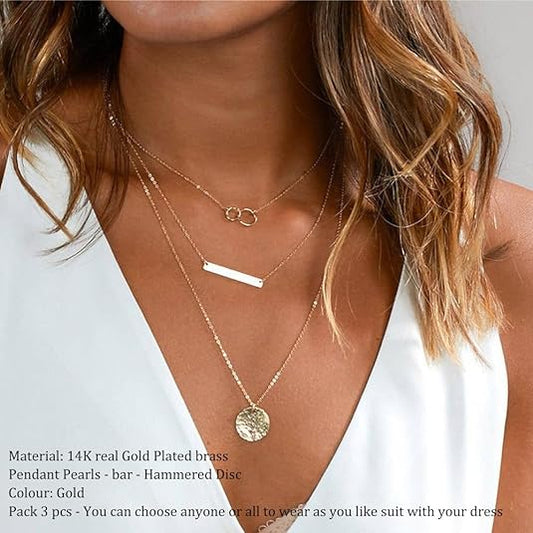 Dainty Layered Choker Necklace, Handmade 14K Gold Plated Y Pendant Necklace Multilayer Bar Disc Necklace Adjustable Layering Choker Necklaces for Women