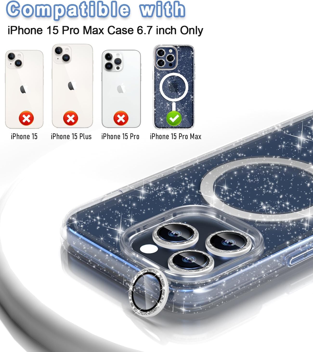 Magnetic for iPhone 15 Pro Max Case Sparkly [Compatible with MagSafe], 2 Screen Protector & 2 Diamond Camera Lens Protector, Slim Crystal Full Body Drop Protective Case 6.7", Clear Glitter