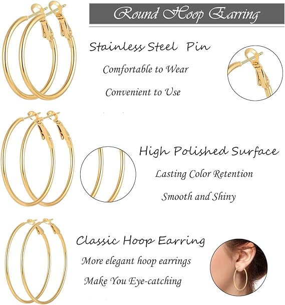 Stainless Steel gold silver Plated Hoop Earrings for Women Girls, Hypoallergenic Hoops Women's Earrings Loop Earrings Set