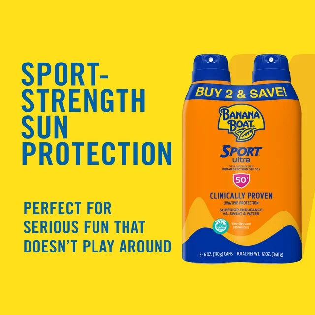 Sport Ultra Sunscreen Spray 12 Oz Twin Pack, SPF 50, Water Resistant Sunblock (80 Minutes), Superior Endurance VS Sweat And Water