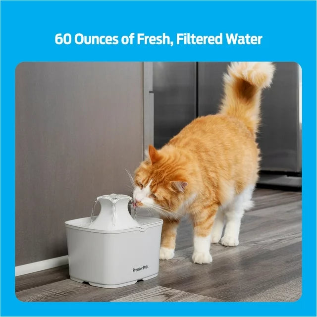 60 oz. Pet Fountain- Automatic water fountain for cats & small dogs, fresh, filtered water, promotes hydration, adjustable water flow, sleek, compact, easy to clean, filters included