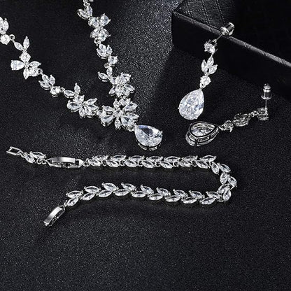 Jewelry Set for Women, Necklace Dangle Earrings Bracelet Set, White Gold Plated Jewelry Set with White AAA Cubic Zirconia, Allergy Free Wedding Party Jewelry for Bridal Bridesmaid