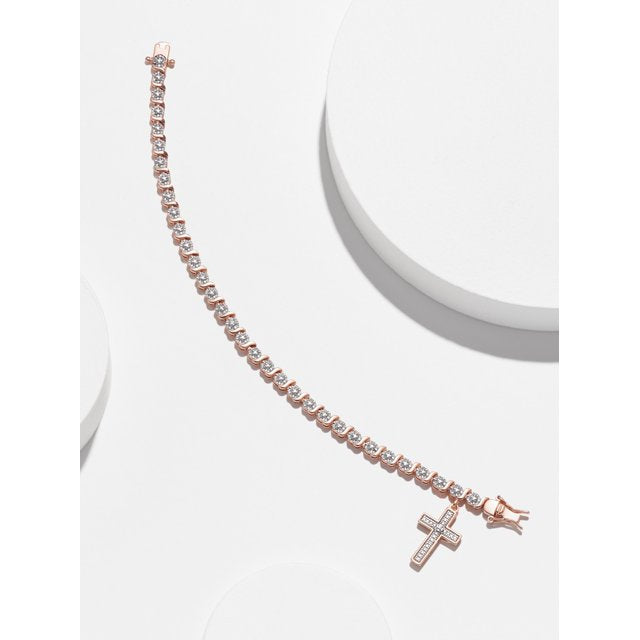 Diamond Accent Cross Charm 14k Rose Gold Plated 7.25” Tennis Bracelet, Adult Female