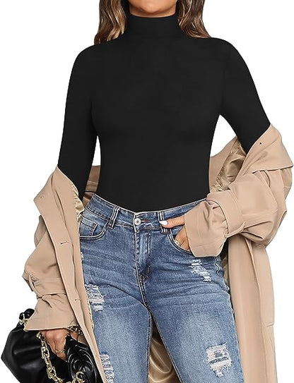 Women's Mock Turtle Neck Long Sleeve Tops Bodysuit Jumpsuit