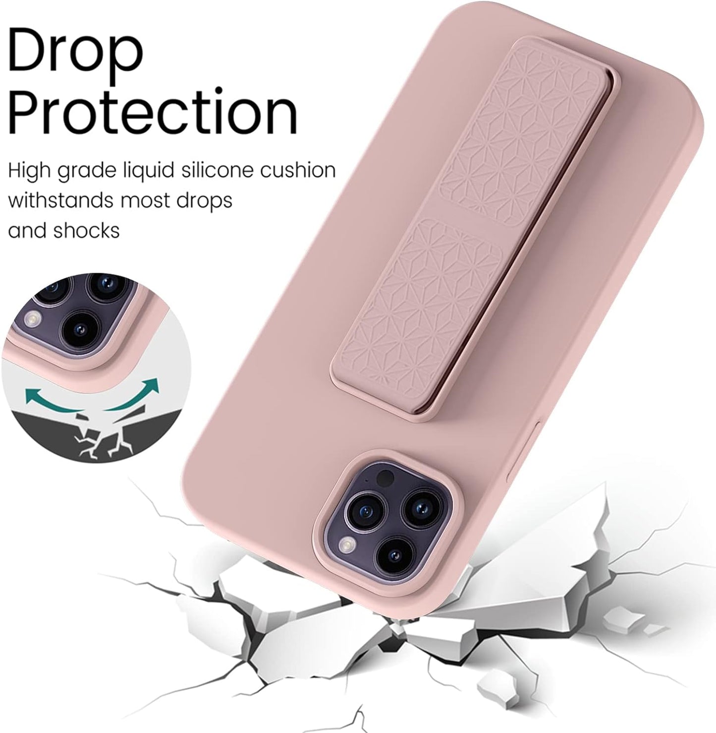 Silicone Kickstand Case Compatible with iPhone 15 pro max case Vertical and Horizontal Stand Hand Strap Metal Kickstand, Flexible Soft Liquid Silicone Stand Case for iPhone 15 pro max(Pink)