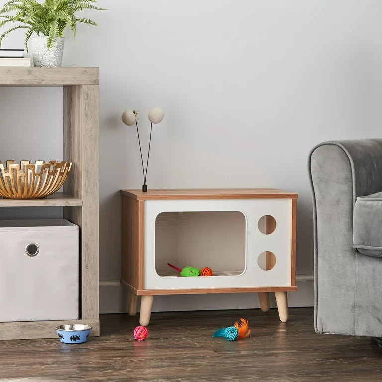 Purr-View Retro TV Cat Condo with Jute Scratching Pad & Washable Mat