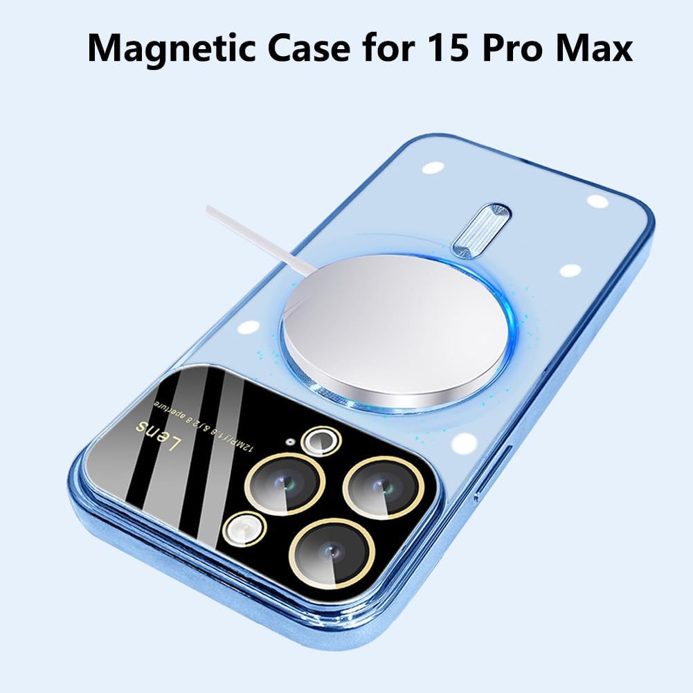 Magnetic Clear Case for iPhone 15 Pro Max Case 6.7" [Compatible with MagSafe] with Full Camera Cover Protection Shockproof Protective Slim Stylish Design Case for Women Girls 2023, Sierra Blue