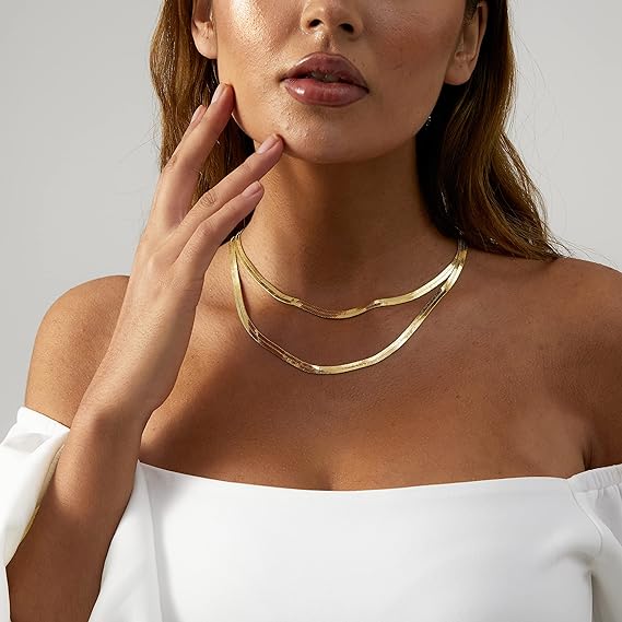 14K Gold Filled Herringbone Choker Necklace Set Double Layer Snake Chain Herringbone Chain Necklace Layering Necklace Set Cuban Chain Necklace for Women