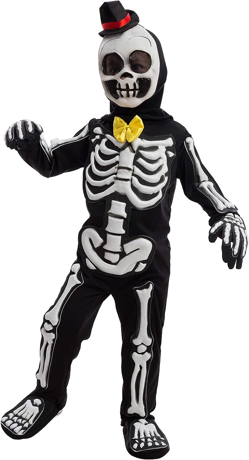 Glows in the Dark Skeleton Costume, Black Skelebones Jumpsuit, Bone Halloween Costume for Toddler, Kids, Boys-L(10-12yr)