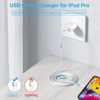 20W USB C Fast Charger for iPhone 15/15 Pro/15 Pro Max, iPad Pro 12.9/11 inch, New iPad Air 5/4th, iPad 10th Generation, iPad Mini 6, PD Wall Charger Block with 6.6ft USB C to C Charging Cable