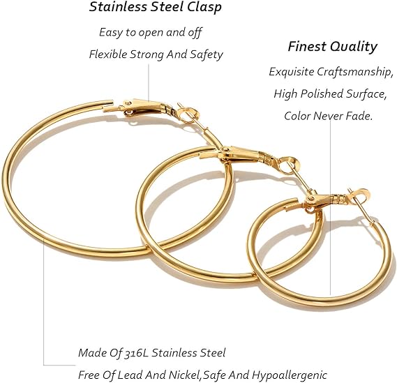 Stainless Steel gold silver Plated Hoop Earrings for Women Girls, Hypoallergenic Hoops Women's Earrings Loop Earrings Set