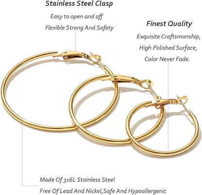 Stainless Steel gold silver Plated Hoop Earrings for Women Girls, Hypoallergenic Hoops Women's Earrings Loop Earrings Set