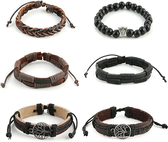 Genuine Leather Tree of life Bracelets Men Women, Tiger Eye Natural Stone Lava Rock Beads Ethnic Tribal Elastic Bracelets Wristbands