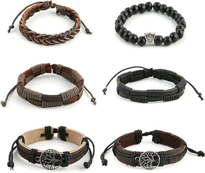 Genuine Leather Tree of life Bracelets Men Women, Tiger Eye Natural Stone Lava Rock Beads Ethnic Tribal Elastic Bracelets Wristbands