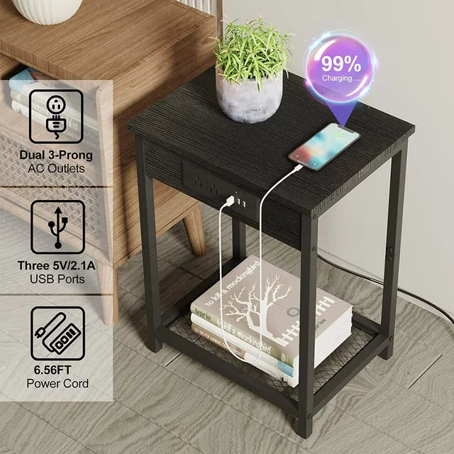 Nightstand End Table with Charging Station Black, Set of 2