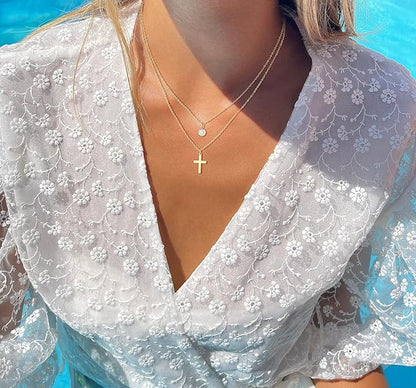 Cross Necklace for Women - Elegant Gold Rosary Lariat Y Necklace, Trendy Layering Long Gold Bead Necklace for Women and Girls