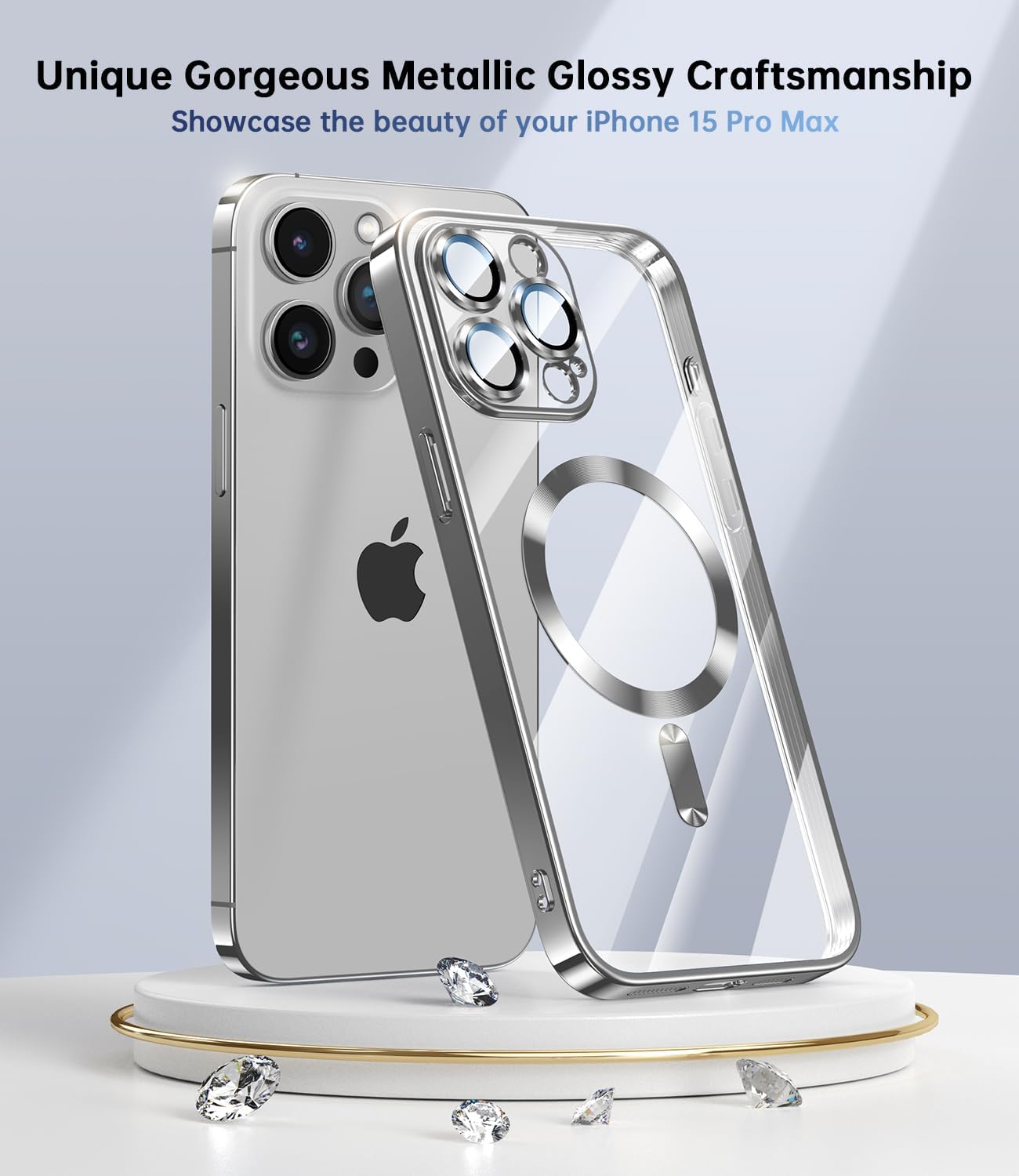 iPhone 15 Pro Max Case with Integrated Camera Lens Protection, [Seamless Work with Magsafe] [Metallic Glossy Soft Bumper], Diamond Clear Stylish Case for iPhone 15 ProMax,Natural Titanium