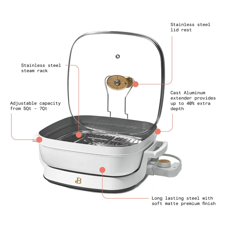 5-in-1 Electric Expandable Skillet, White Icing by Drew Barrymore, Up to 7 QT