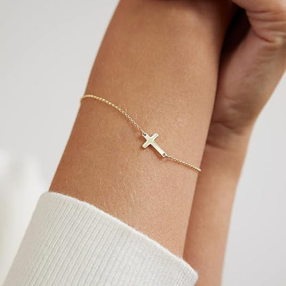 Dainty Gold Bracelets for Women Cute Tiny Sideways Cross Bracelets Layered Pearls Herringbone Chain Toggle Clasp Bracelet Minimalist Handmade Jewelry Gift