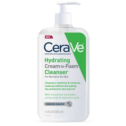 CeraVe Hydrating Cream-to-Foam Cleanser, Makeup Remover and Face Wash with Hyaluronic Acid, Fragrance Free, 12 fl oz