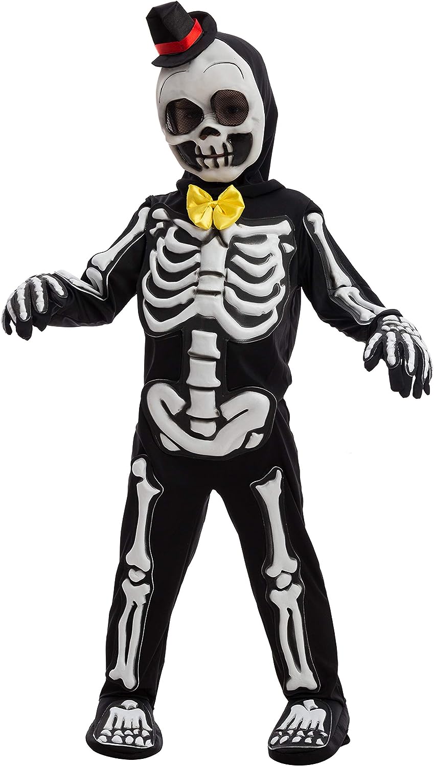 Glows in the Dark Skeleton Costume, Black Skelebones Jumpsuit, Bone Halloween Costume for Toddler, Kids, Boys-L(10-12yr)