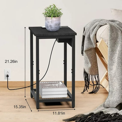 Nightstand End Table with Charging Station Black, Set of 2