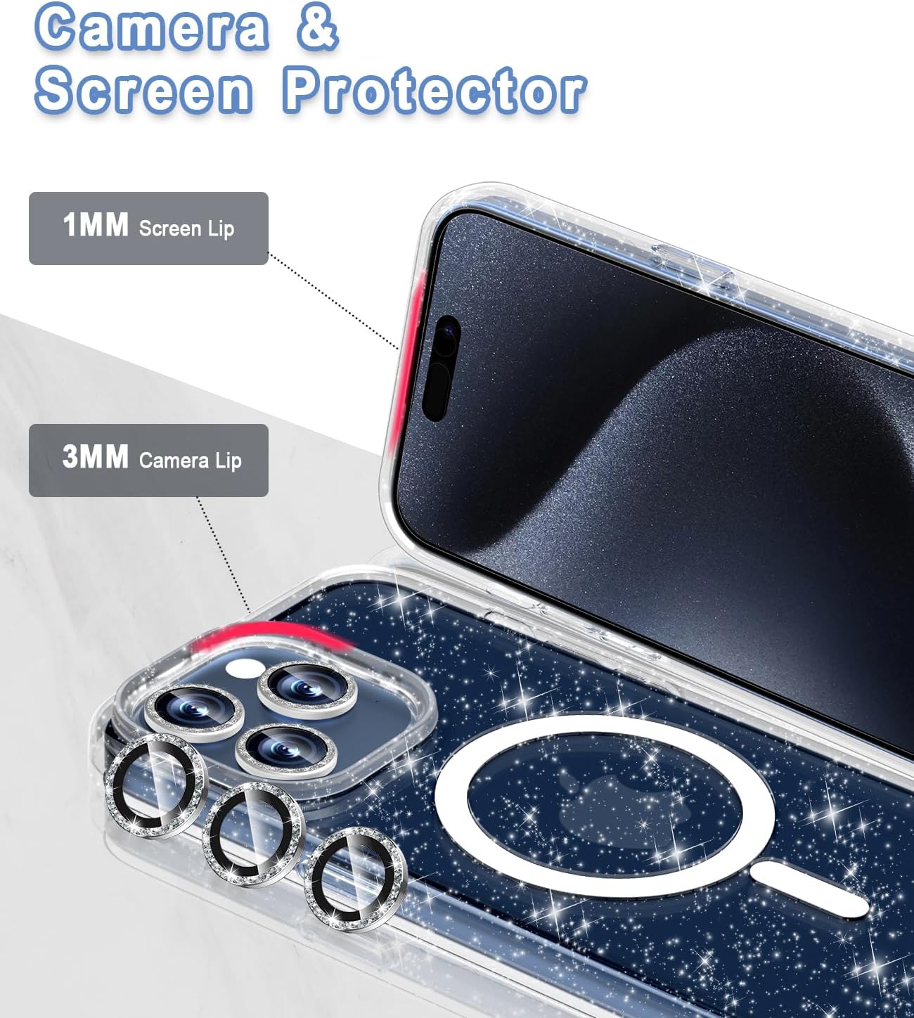 Magnetic for iPhone 15 Pro Max Case Sparkly [Compatible with MagSafe], 2 Screen Protector & 2 Diamond Camera Lens Protector, Slim Crystal Full Body Drop Protective Case 6.7", Clear Glitter