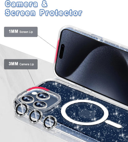 Magnetic for iPhone 15 Pro Max Case Sparkly [Compatible with MagSafe], 2 Screen Protector & 2 Diamond Camera Lens Protector, Slim Crystal Full Body Drop Protective Case 6.7", Clear Glitter