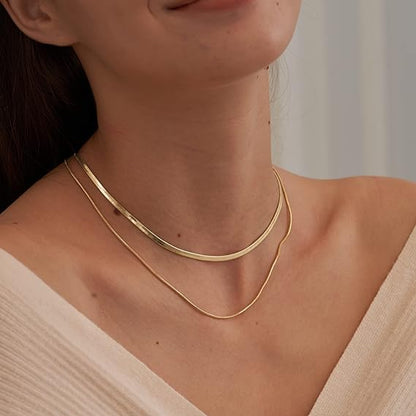 14K Gold/Silver Plated Snake Chain Necklace Herringbone Necklace Gold Choker Necklaces for Women Girl Gifts Jewelry 1.5/3/5MM(W) 14"/16"(L)