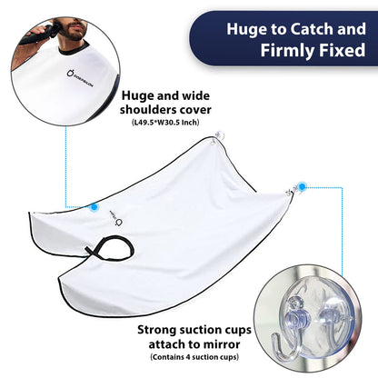 Beard Bib Apron, Beard Hair Clippings Catcher for Shaving and Trimming, Men's Shaving Beard Catcher, Non-Stick Beard Shave Cape, with 4 Strong Suction Cups, Grooming Gifts for Men - White