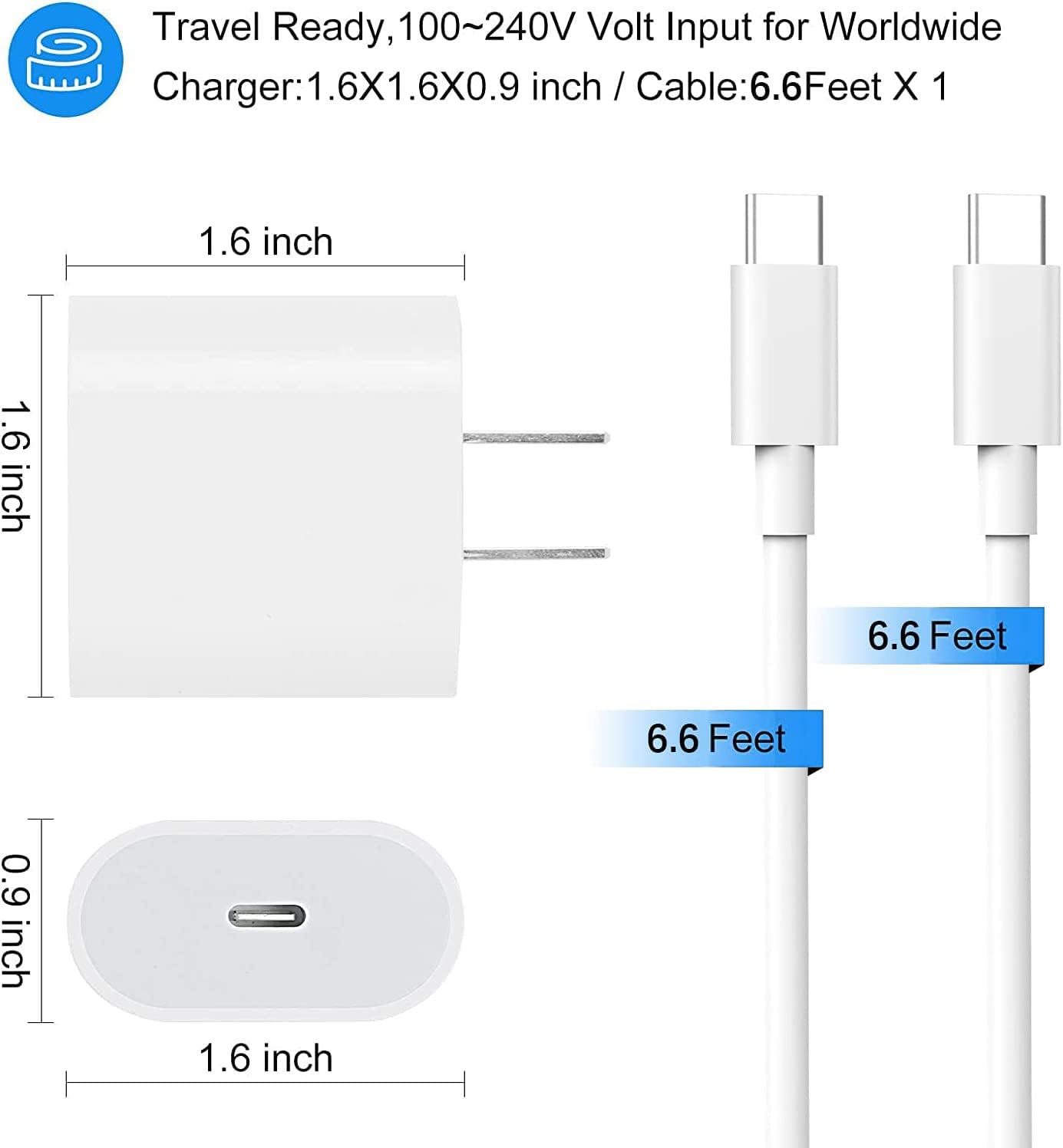 20W USB C Fast Charger for iPhone 15/15 Pro/15 Pro Max, iPad Pro 12.9/11 inch, New iPad Air 5/4th, iPad 10th Generation, iPad Mini 6, PD Wall Charger Block with 6.6ft USB C to C Charging Cable