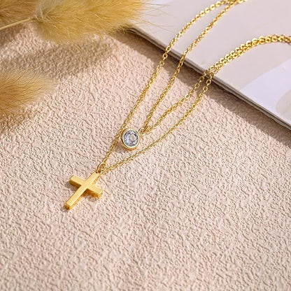 Cross Necklace for Women - Elegant Gold Rosary Lariat Y Necklace, Trendy Layering Long Gold Bead Necklace for Women and Girls