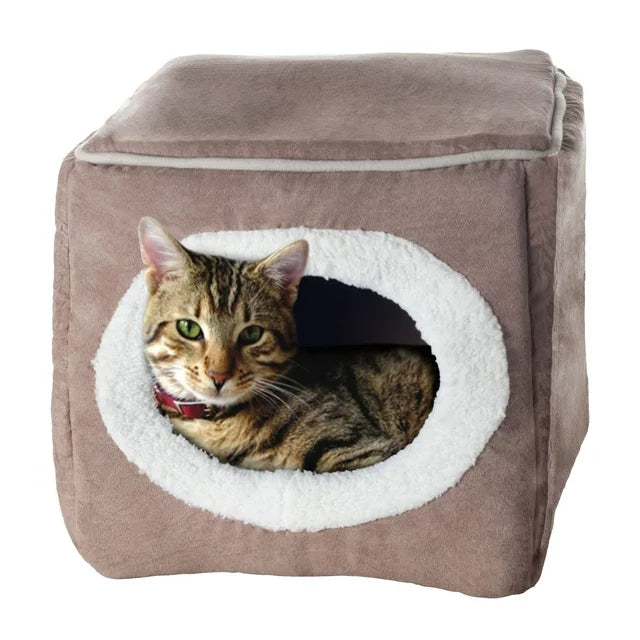 Cat or Dog Bed Cozy Cave Enclosed Cube Pet Bed - Light Coffee