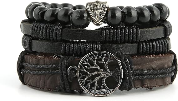 Genuine Leather Tree of life Bracelets Men Women, Tiger Eye Natural Stone Lava Rock Beads Ethnic Tribal Elastic Bracelets Wristbands