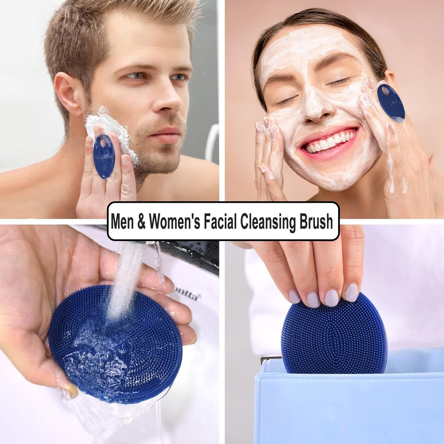 Silicone Face Exfoliating Brush Manual Handheld Facial Cleansing Scrubber Blackhead Remover, Food-Grade Soft Bristle (Dark Blue+Gray)