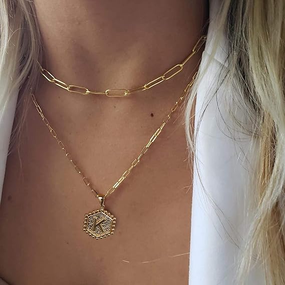 Dainty Layered Initial Necklaces for Women Trendy, 14K Real Gold Plated Paperclip Chain Necklace Cute Hexagon Letter Pendant Initial Choker Necklace Gold Layered Necklaces for Women