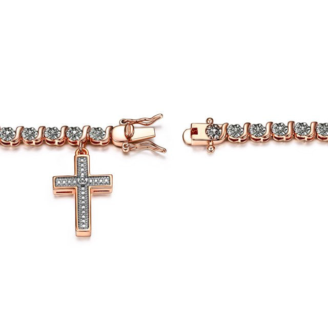 Diamond Accent Cross Charm 14k Rose Gold Plated 7.25” Tennis Bracelet, Adult Female