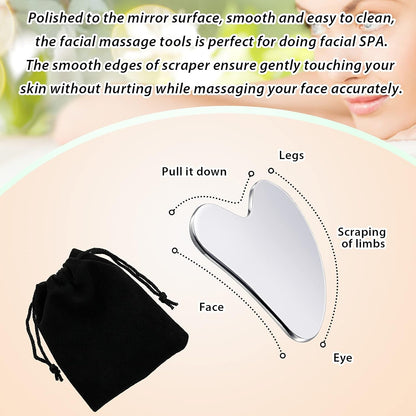 Stainless Steel Gua Sha Facial Tools for Face Metal Tighten Skin Heart Massage Guasha Beauty Tool for Body Eyes Neck Massager with Travel Pouch (Silver)