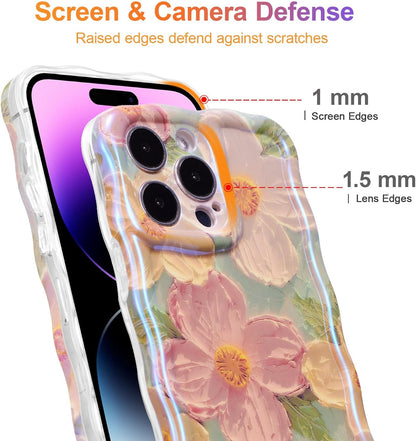 Case for iPhone 15 Pro Max, Colorful Retro Oil Painting Printed Flower Laser Glossy Pattern Cute Curly Wave Edge Exquisite Phone Cover Stylish Durable TPU Protective Case for Girls Women-Green