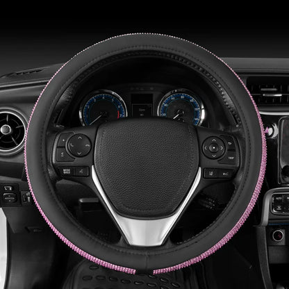 BDK Bling Bling Diamond Leather Steering Wheel Cover with 9 Rows Crystal Rhinestones, Universal Fit 14.5-15.5 Inch for Women / Girls (Pink)