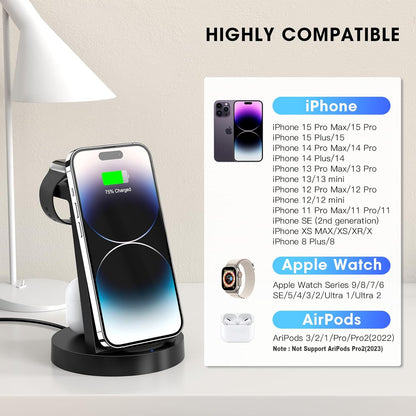 3 in 1 Charging Station for iPhone, Wireless Charger for iPhone 15 14 13 12 11 X Pro Max & Apple Watch - Charging Stand Dock for AirPods 3/2/1/Pro