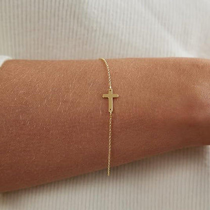 Dainty Gold Bracelets for Women Cute Tiny Sideways Cross Bracelets Layered Pearls Herringbone Chain Toggle Clasp Bracelet Minimalist Handmade Jewelry Gift