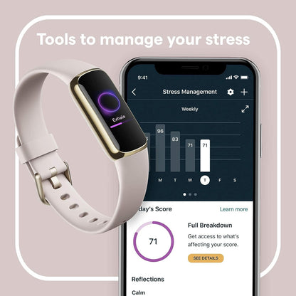 Luxe Fitness and Wellness Tracker with Stress Management, Sleep Tracking and 24/7 Heart Rate, One Size S L Bands Included, Lunar White/Soft Gold Stainless Steel, 1 Count