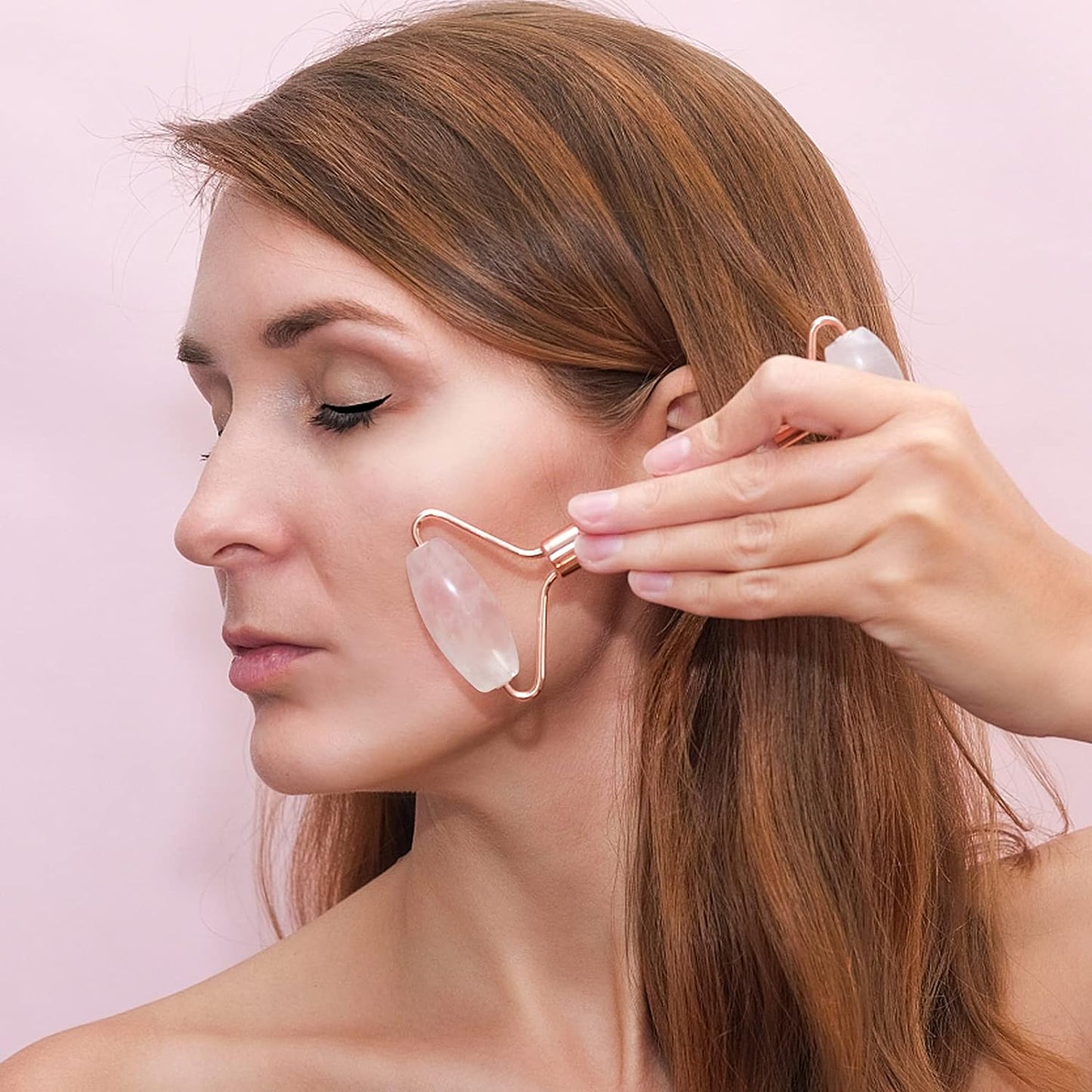 Face Massager Rose Quartz Face Roller & Gua Sha Facial Tool Set, Lymphatic Drainage Massage Tool for Muscle Tension Relief FreshRoll