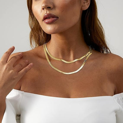 14K Gold Filled Herringbone Choker Necklace Set Double Layer Snake Chain Herringbone Chain Necklace Layering Necklace Set Cuban Chain Necklace for Women