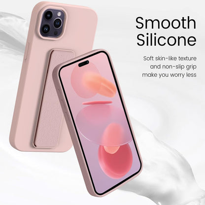 Silicone Kickstand Case Compatible with iPhone 15 pro max case Vertical and Horizontal Stand Hand Strap Metal Kickstand, Flexible Soft Liquid Silicone Stand Case for iPhone 15 pro max(Pink)