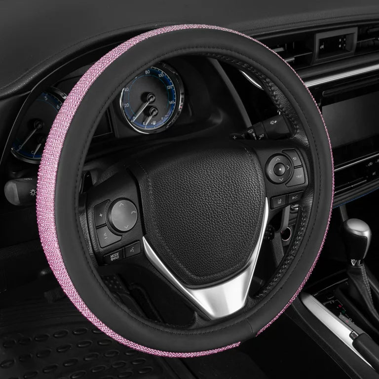 BDK Bling Bling Diamond Leather Steering Wheel Cover with 9 Rows Crystal Rhinestones, Universal Fit 14.5-15.5 Inch for Women / Girls (Pink)