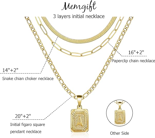 Gold Layered Necklace Set 3 PCS for Women Girls Dainty Trendy Paperclip Snake Choker Gold Filled Stainless Steel Figaro Chain Layering Necklaces Jewelry Gifts Square Pendant Letter A-Z